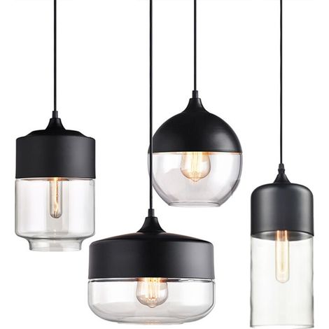 Lot de 4 Suspension Design Cylindre Style Retro Vintage Contemporain, Moderne Lustre Abat-jour en Verre Luminaire Salle à manger Chambre Salon Bar - Noir et Transparent (1/4)