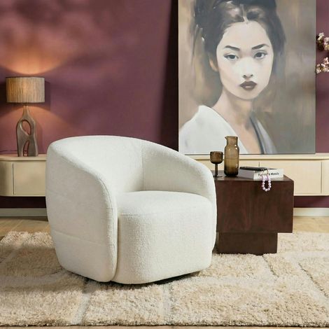 Fauteuil salon pivotant blanc crème tissu chenille BELORA