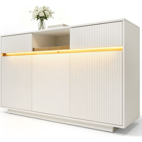 Sideboard mit 3 Türen, 2 Schubladen, Offenem Fach und LED für Wohnzimmer, aus Holz, 140 x 40 x 85 cm, Weiß (1/5)