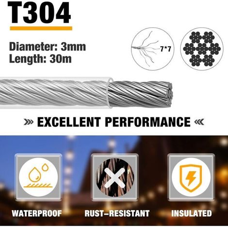 Kit de cable colgante de acero inoxidable, cable metálico de 30 m/3 mm, kit de cable para jardín, cable para cuadros, kit para cercas, cable de acero de alta resistencia, tensor de alambre y gancho, c (1/2)
