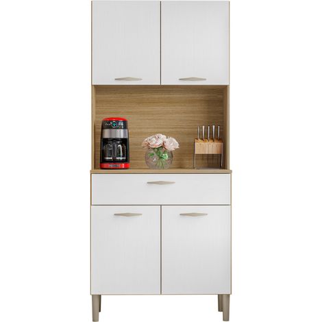 Buffet de Cuisine 4 Portes 1 Tiroir Chêne et Blanc L 74.5 H 170.5 P 36.3 cm