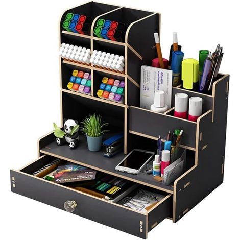 Boîte de Rangement en Bois - - Organiseur de Bureau - 13 Compartiments - Noir - Grande Capacité