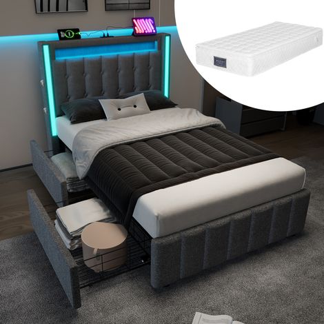 MEUBLIV Lit 90x200 cm gris - LED, USB, 2 tiroirs et tête de lit, avec matelas (1/5)