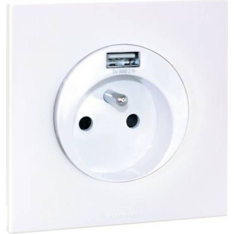 Prise 2P+T 16 A + USB 2,1 A type A complet avec griffes et plaque - SQUARE EASY blanc - Eur'Ohm