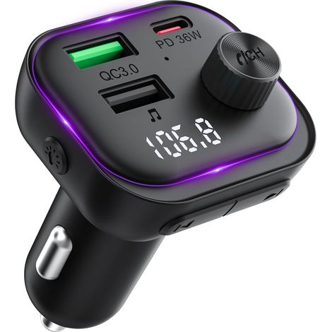 Transmetteur FM Bluetooth Voiture Adaptateur Bluetooth 5.3, Type C PD36W, USB A QC3.0 18W Chargeur Rapide de Voiture, HiFi Lecteur de Musique Radio Allume-Cigare Compatible BT et U-Disc (1/5)