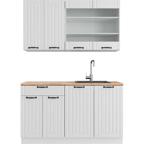 Singleküche Fame-Line, Weiß Landhaus/Weiß, 140 cm , AP Eiche, Vicco