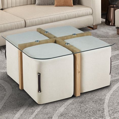 Table basse en bois et en verre avec poufs NASH (1/5)