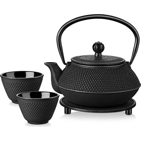 Théières et 2 Tasses de Thé avec Infuseur, Théière Induction Emaillé Noir de 700ML, Set Teapot en Fer Traditionnel avec Panier en Inoxydable, Plateau en Fonte