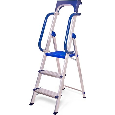 Escabeau 3 marches Secure pro, aluminium renforcé, sécurisé avec rampes, tablette porte-outils, hauteur plateforme 66cm, charge 150kg Hostrom (1/5)