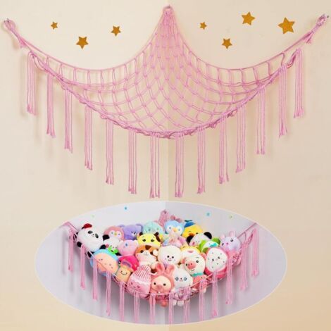 1 hamac de rangement pour jouets, hamac bohème pour jouets en peluche, support de rangement suspendu pour chambre d'enfant, rose (1/5)