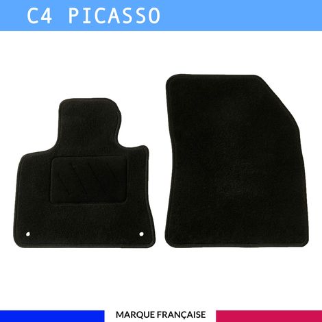 Tapis de sol voiture - Sur mesure pour  Citroen C4 PICASSO (02/2013-03/2018) - Antidérapant : Clips de fixations et scratch - Tapis de sol avant 2 pièces - Moquette - Noir