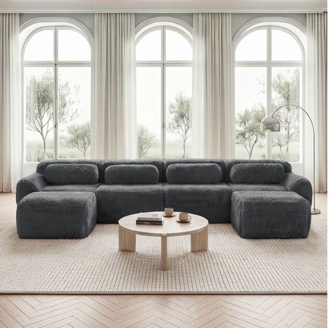 Divano Modulare Angolare con pouf configurabile a U o a L, in tessuto peluche grigio, per soggiorno (1/5)