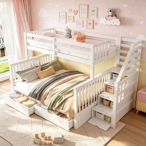 Lit Superposé Enfant 90x200cm avec escalier rangement,Lit Mezzanine en Pin avec 2 tiroirs rangement,Cadre de lit per 2-3 place,Sans matelas,blanc