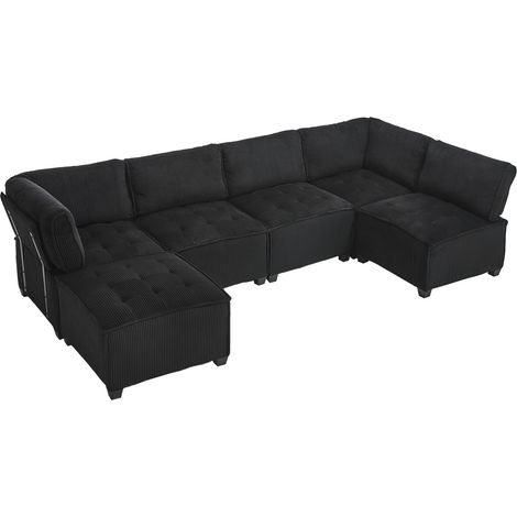 Sofá modular de 6 plazas 308 cm de terciopelo acanalado negro con bolsillos laterales (1/5)