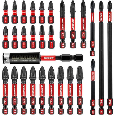 GEINXURN Embouts de Vissage aux Chocs PZ1 PZ2 PZ3 de 25/50/75/150mm, Jeu d'embouts Magnétique pour Visseuse Tournevis Tige Hexagonale 1/4" S2 en Acier Allié avec 1 Porte-embout 75mm (1/5)