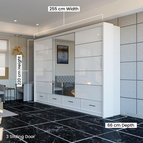 Dublin High Gloss 2&3 Sliding Mirror Door Wardrobe - White 255m (1/2)