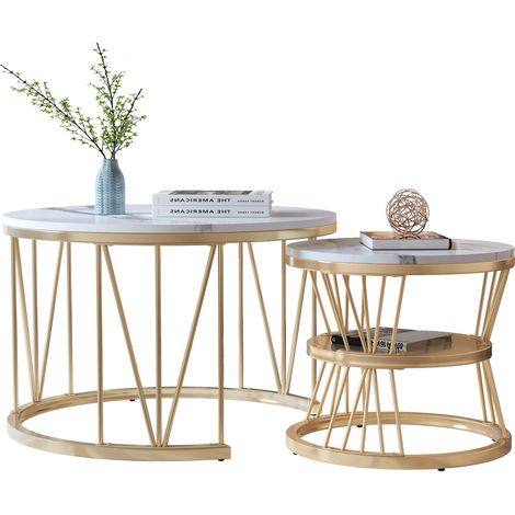 Lot de 2 Tables Basses Gigognes,Table basse moderne ronde pour salon,Imitation marbre tables d'appoint,Structure en Doré métal,70x70x45cm/45x45x40cm (1/5)