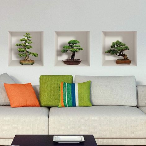 Adhesif Mural Effet 3D  Sticker Mural - Autocollant Mural Bonzaïs - Stickers Muraux Cuisine - Décoration Murale Trompe l'œil Salon - 3 Autocollants Muraux 30x30cm (1/5)