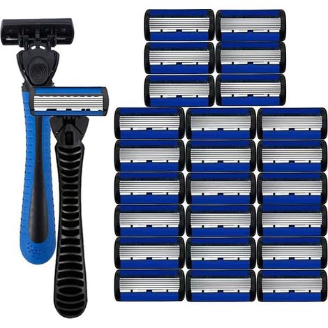 rasoir electriques hommes-Rasoir manuel à 6 lames – Confort & Efficacité pour tous types de barbes (2 manches bleu/noir + 24 lames antirouille en coffret)