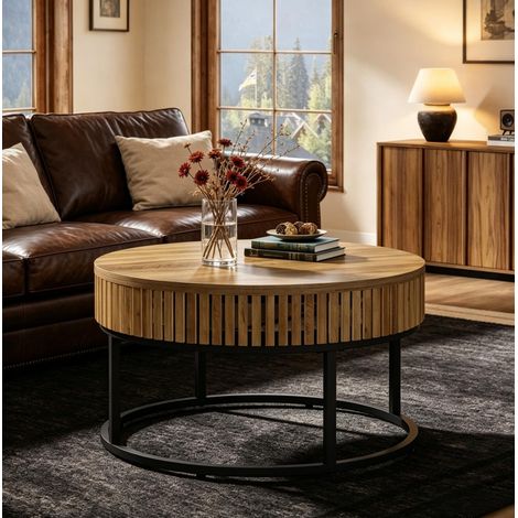 Mesa de centro redonda 80x80x45 cm MDF y metal negro/marrón – MEUBLIV (1/5)