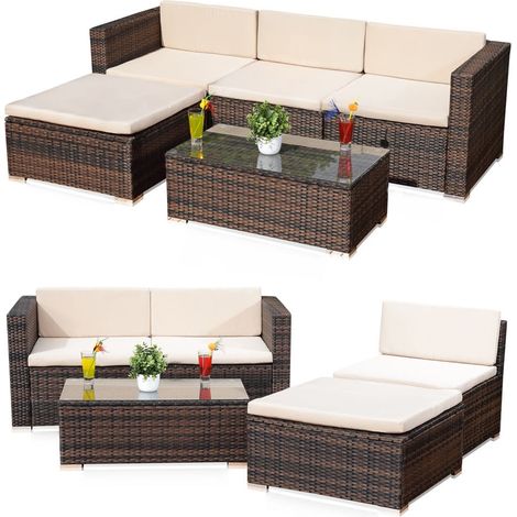 Melko Rattan Gartenmöbel Set – Couch mit Tisch, Hocker und Stuhl, aus Polyrattan, wetterfest und robust, Gartengarnitur für Balkon, Garten oder Terrasse (1/7)