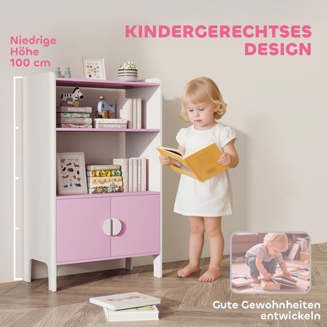 Bibliothèque enfant, 2 étagères, 2 armoires, autoportante, antichute, pieds antidérapants, MDF, Rose+Blanc (1/5)