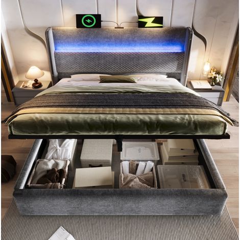 Cama 160x200 cm gris – LED, arcón hidráulico y USB/Type-C con colchón (1/5)