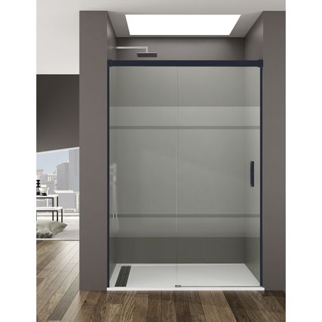 Mampara de ducha Frontal ALLSTONE BASIC 1+1, sin perfil inferior 5 colores de perfilería, 2 tipos de cristal de 6mm en Aluminio perfil Negro 170-175 cm cristal Serigrafiado (1/3)