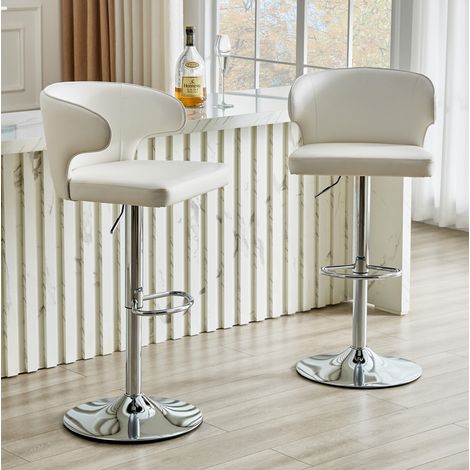 Sgabello da bar con schienale, girevole 360°, altezza regolabile, base ampia, PU bianco (1/5)