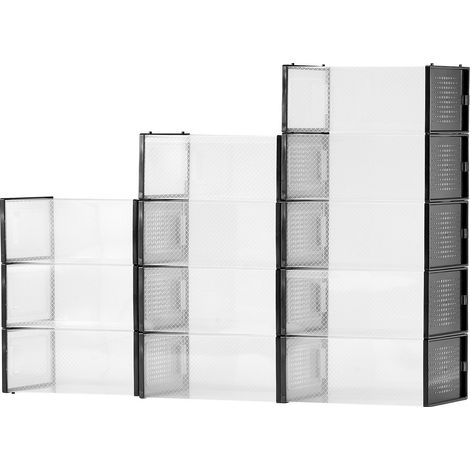 Boîte de Rangement pour Chaussures, Lot de 12, Empilable, Organiseur, Taille US 11, Plastique Modulaire, Économise d'Espace, pour Talons, Bottes et Chapeaux, Cadre Noir (1/5)