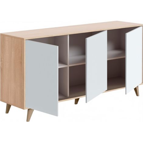 Madia Moderna Con 3 Ante Push E 6 Ripiani Interni Mobile Credenza Contenitore Stile Nordico Per Sala Da Pranzo Soggiorno Ingresso E Camera 154 X 40 X 75 Cm Rovere E Bianco (1/5)