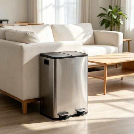 Poubelle de tri sélectif double pour cuisine, 2 bacs de 28L, couvercles à fermeture douce, seaux intérieurs amovibles avec poignées pour faciliter le nettoyage au quotidien (1/5)