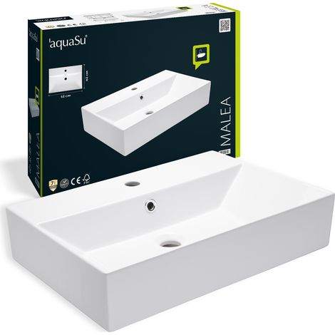 'aquaSu® Moderner Waschtisch Malea 60 cm Design-Waschbecken mit Überlauf und Hahnloch Hänge-Waschbecken modern Waschtisch wandhängend 60 x 42 cm Sanitärkeramik in weiß 56230 0 (1/5)