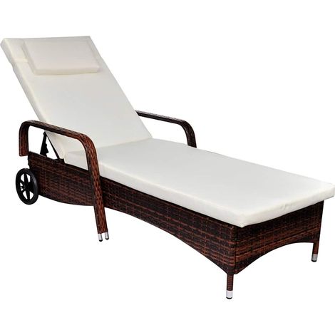Sonnenliege mit Polster & Rollen Poly Rattan Braun