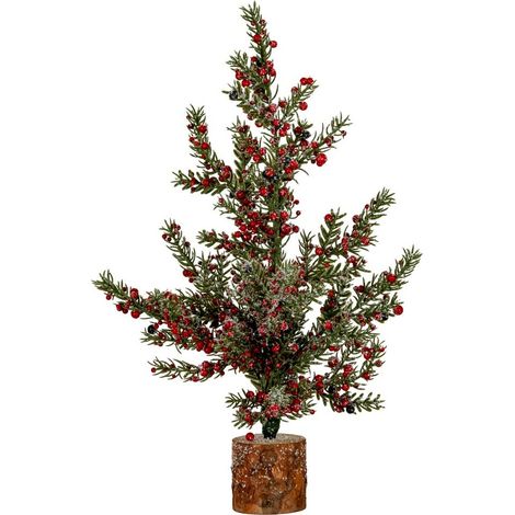 Medium Frosted Winter Berry Tree On Wooden Block - Plastic - H45 cm - Green