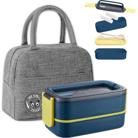 Bento Lunch Box Kit,1400 ml Double Couche Boite Repas avec Couverts et Sac Isotherme Repas, Hermétique Boîtes Bento pour Pique-Nique, Travail, Goûter, Bento Box pour Micro Ondes(Bleu Foncé) (1/5)