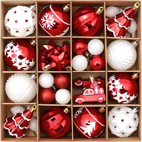 42 boules de Noël - Décoration de Noël - Boules de Noël - Décoration pour sapin de Noël - Lot de boules de Noël - Plastique - Rouge et blanc (1/5)