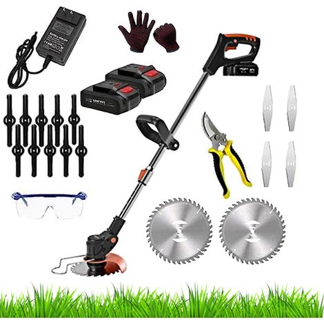 Decespugliatore A Batteria Tagliabordi Elettrico Asta Regolabile Senza Fili Con Lame Metalliche 2 Batterie Testa Rotante Regolabile a 90° Tagliaerba Rasaerba 24V Con Occhiali E Guanti
