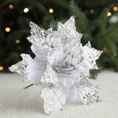 Fleur Artificielle - Poinsettia En Paillettes - 25 X 20 X 20 Cm - Pour Décoration De Noël Arbre De Noël Couronne Mariage Fête Nouvel An - Argent - 1 Pièce (1/5)