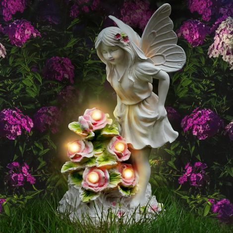 Engel-Gartenstatue, Schmetterlings-Feen-Skulptur mit solarbetriebener beleuchteter Blume, betende Engel-Figur, wasserdichte Outdoor-Gartendekoration für Hof, Wohnzimmer