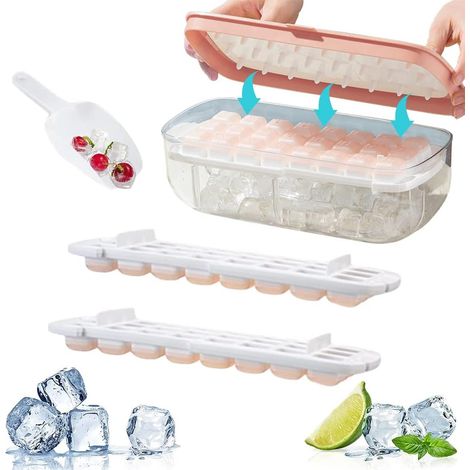silicone ice cube tray with lid,ice cube mold box,Ice Cube Mold,Ice Cube Trays With Lid,Reusable Ice Cube Tray,Silicone Ice Cube Mold,BPA Free (Pink) (1/5)