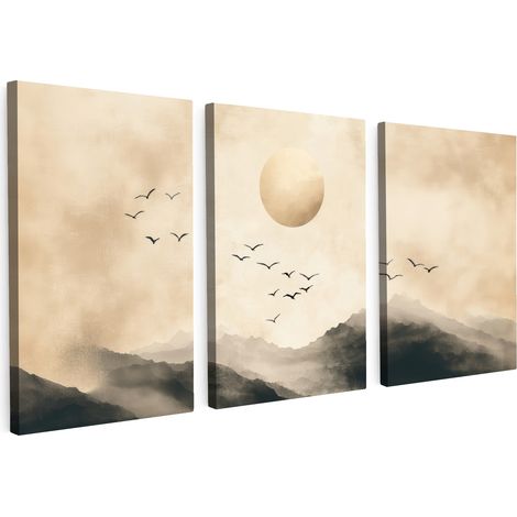 CUADRO EN LIENZO Paisaje - Japandi - Beige - Pájaros Tríptico Set de 3 120x60 (1/5)