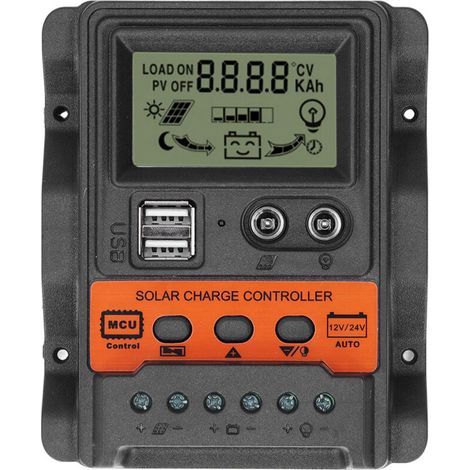 Controlador de carga solar Crezuo con pantalla, 2 salidas USB, regulador de carga de panel PWM, 12V 24V 30A 390W 780W-Crezuo