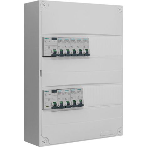 Siemens – Tableau électrique 2 rangées pré-équipé – 1 inter. diff. 63A type AC – 1 inter. diff. 40A type A – 9 disjoncteurs 10A/16A/20A/32A – IP30 IK05 (1/2)