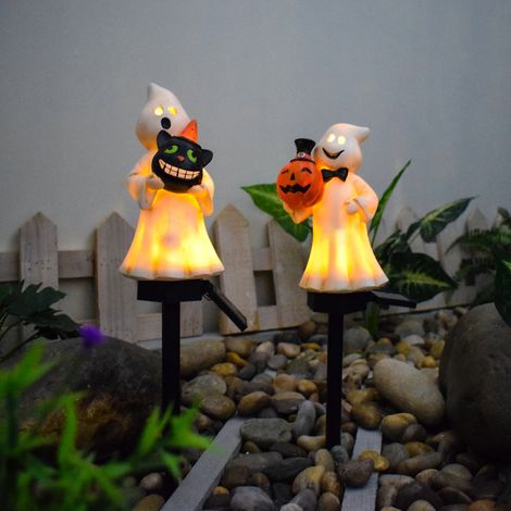 Lampe solaire jardin Halloween décorative résin avec pieux - Lot de 2 motifs Fantôme citrouille et tête fantôme
