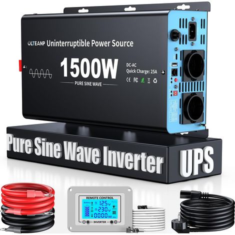 Onduleur 1500 W 12 V vers 230 V sinusoïdal pur - Convertisseur de tension avec commutation prioritaire et fonction de charge et fonction UPS - Télécommande avec écran LCD - Commutation (1/5)