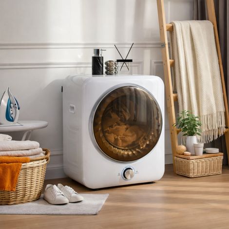 Mini sèche-linge blanc 3 kg, 1350 W à évacuation d'air. 8 programmes, sonde NTC, fonctionnement silencieux 65 dB. Fixation murale, double filtre sans consommables, porte 45,5 cm (1/5)