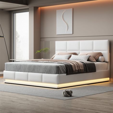 Lit 180x200 cm avec éclairage LED, rangement hydraulique, housse en similicuir et sommier, sans matelas (1/5)