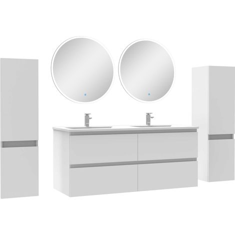 Ensemble meubles Salle de Bain avec colonne + miroir rond mural 120cm meuble blanc