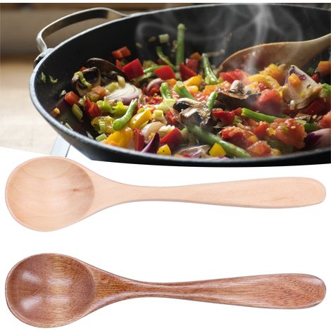 Lot de 2 cuillères en bois à manche incurvé, petites cuillères à mélanger pour la cuisine à la maison et au restaurant. (1/5)